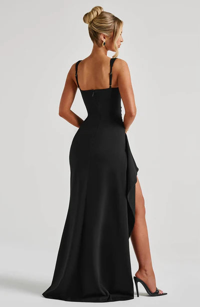 Black Shoulder Strap Style Ruffled Front Slit Long Ball Gown