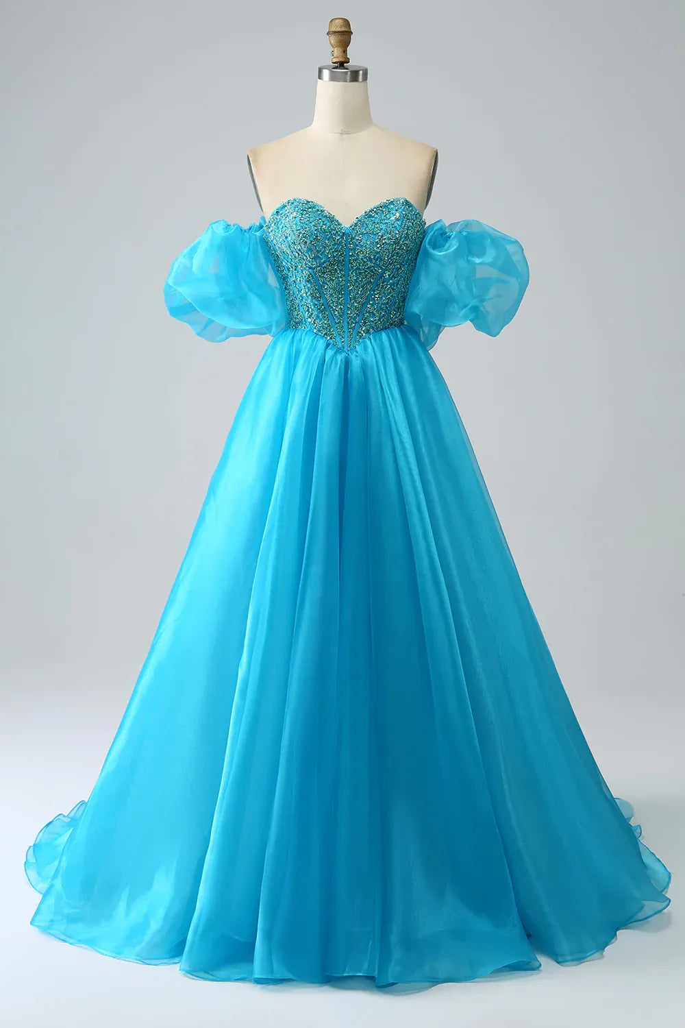 A-Line Beaded Long Prom Dress with Detachable Sleeves