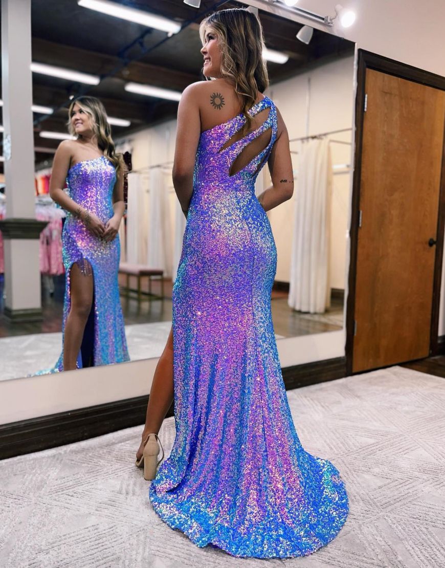 One Shoulder Long Glitter Sequin Prom Dress With Split
