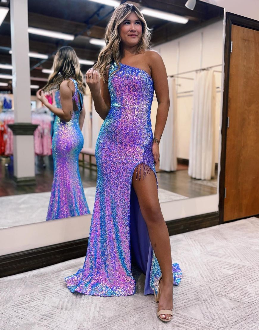 One Shoulder Long Glitter Sequin Prom Dress With Split