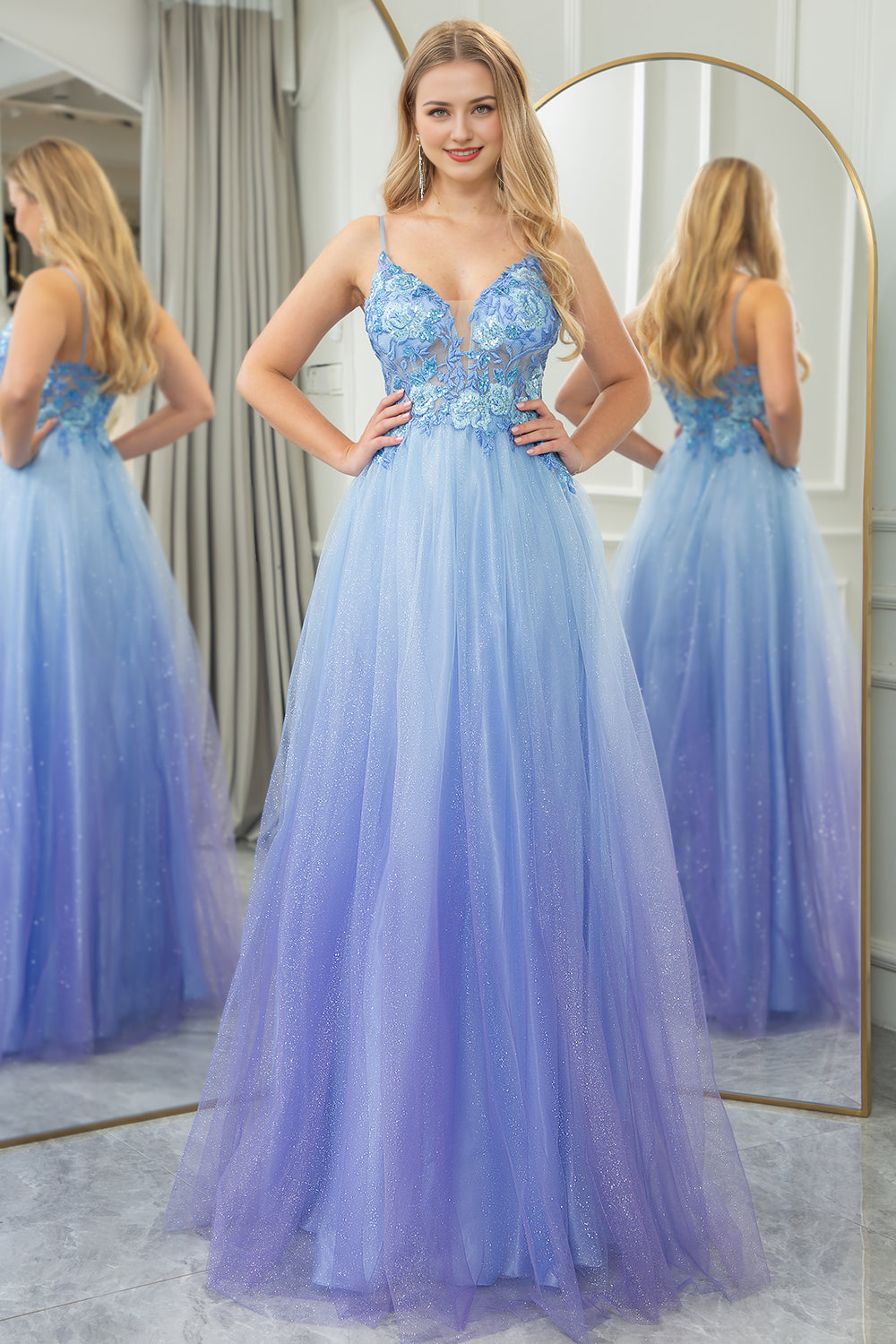 A Line Tulle Spaghetti Straps Long Prom Dress With Appliques