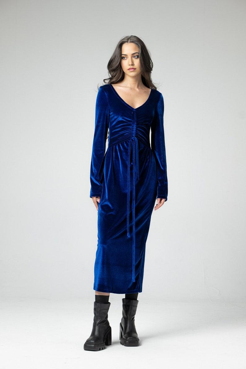 Bustier Dress with Ties Imperial Blue Silk-To-Touch Velvet Dress Long Maxi Fitted Dress Special Occasion Prom Dress