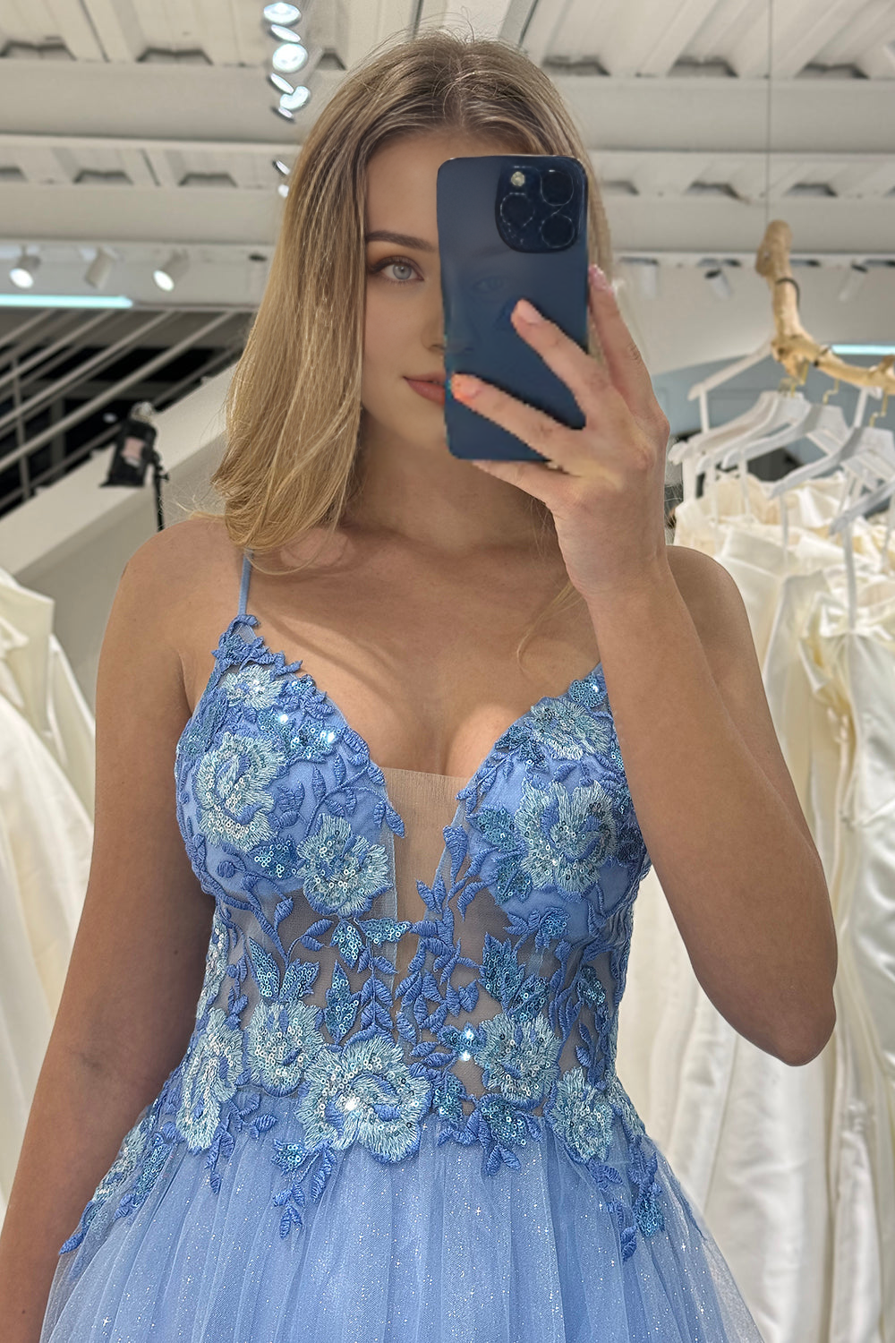 A Line Tulle Spaghetti Straps Long Prom Dress With Appliques