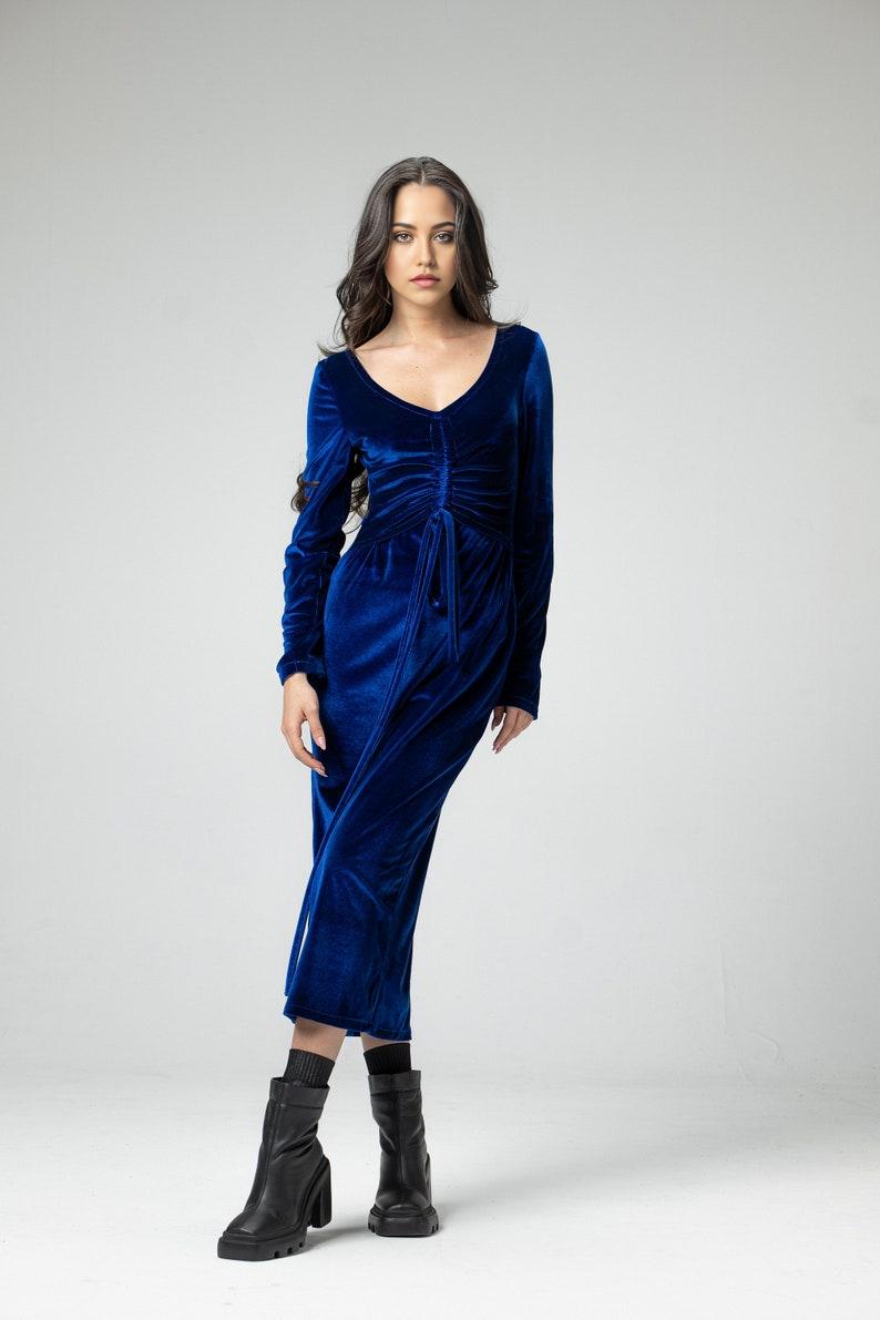 Bustier Dress with Ties Imperial Blue Silk-To-Touch Velvet Dress Long Maxi Fitted Dress Special Occasion Prom Dress