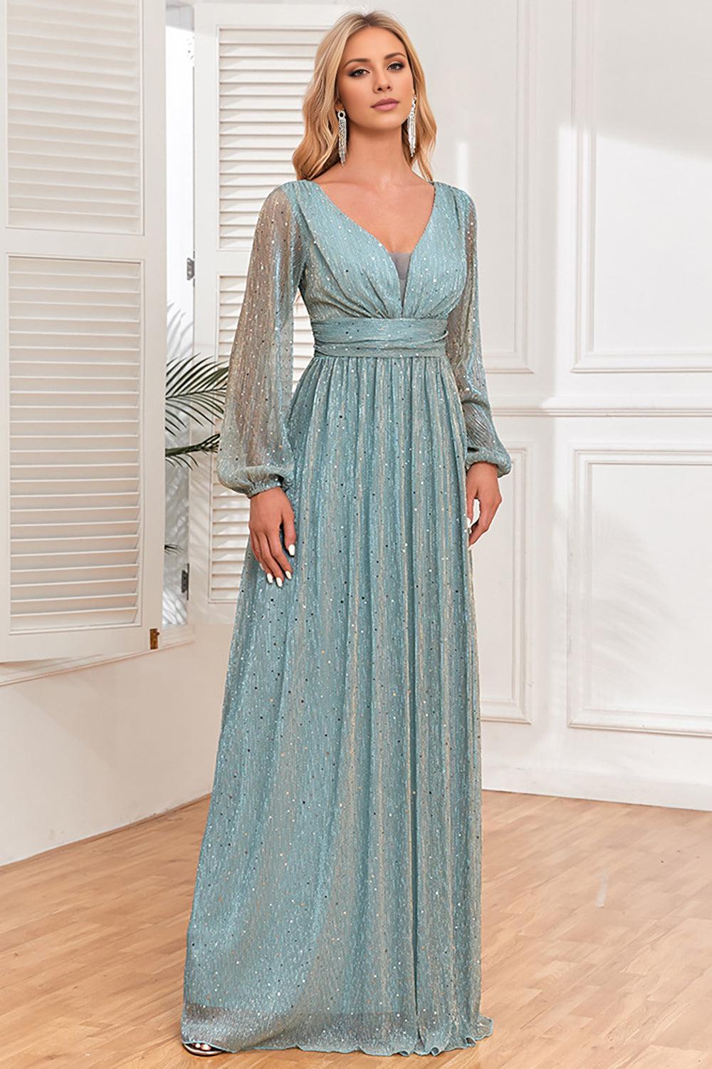 Blue A-Line Sequins Mother of the Bride Dress with Long Sleeves