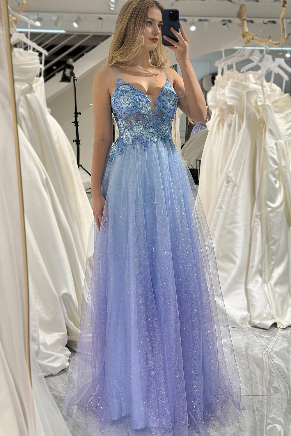 A Line Tulle Spaghetti Straps Long Prom Dress With Appliques