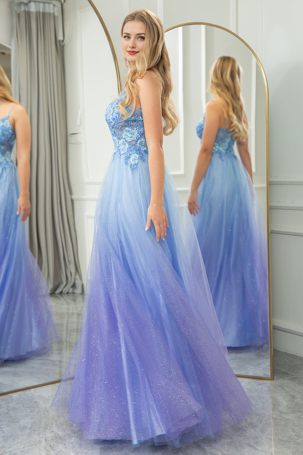 A Line Tulle Spaghetti Straps Long Prom Dress With Appliques