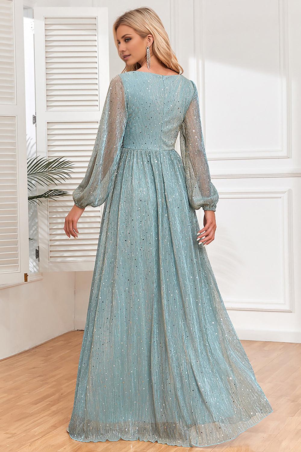 Blue A-Line Sequins Mother of the Bride Dress with Long Sleeves
