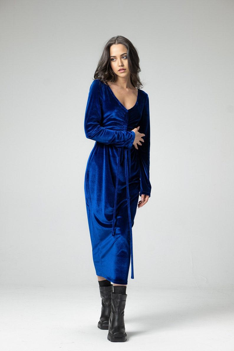 Bustier Dress with Ties Imperial Blue Silk-To-Touch Velvet Dress Long Maxi Fitted Dress Special Occasion Prom Dress