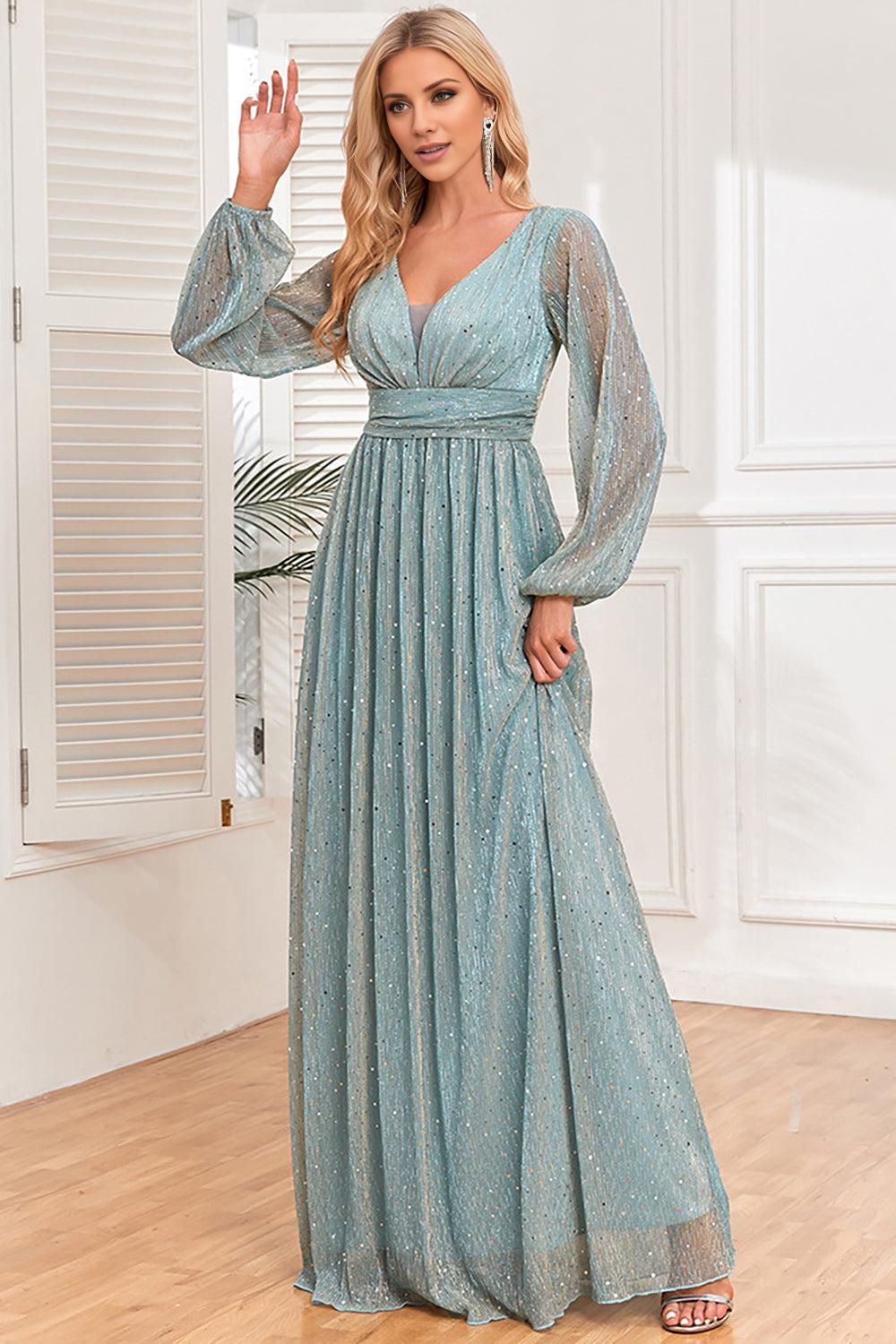 Blue A-Line Sequins Mother of the Bride Dress with Long Sleeves