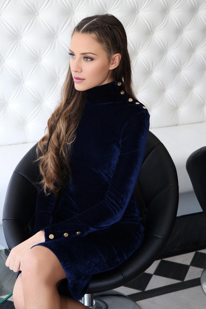 Blue Velvet Dress Evening Dress Formal Midi Dress Turtleneck Dress Winter Dress Womens Clothing Elegant Dress
