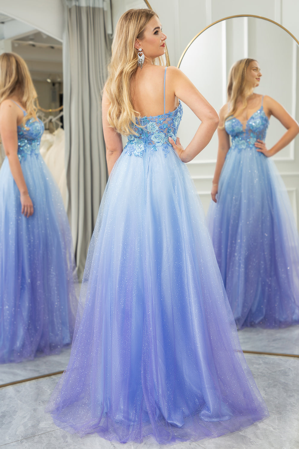 A Line Tulle Spaghetti Straps Long Prom Dress With Appliques