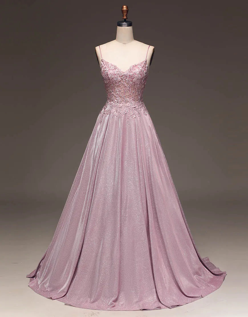 Blush A-Line Spaghetti Straps Long Glitter Prom Dress