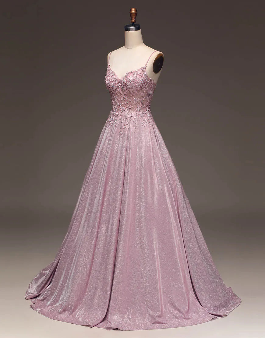Blush A-Line Spaghetti Straps Long Glitter Prom Dress