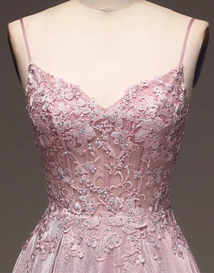 Blush A-Line Spaghetti Straps Long Glitter Prom Dress