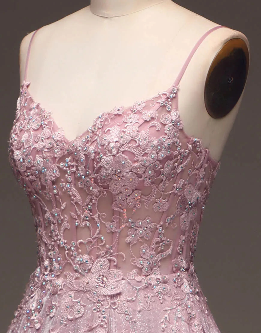 Blush A-Line Spaghetti Straps Long Glitter Prom Dress