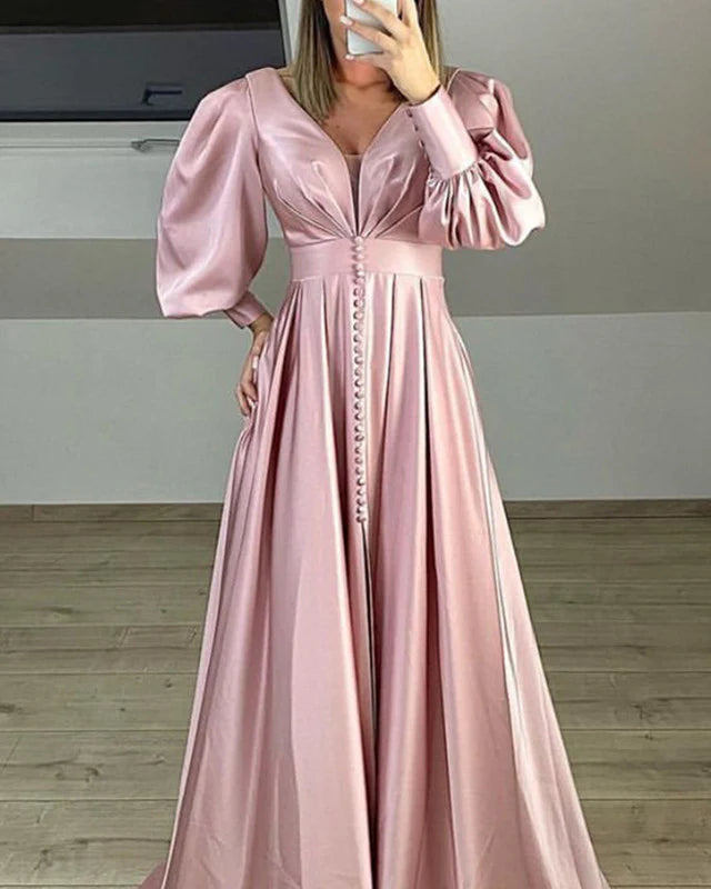 Long Sleeves Satin V Evening Dresses