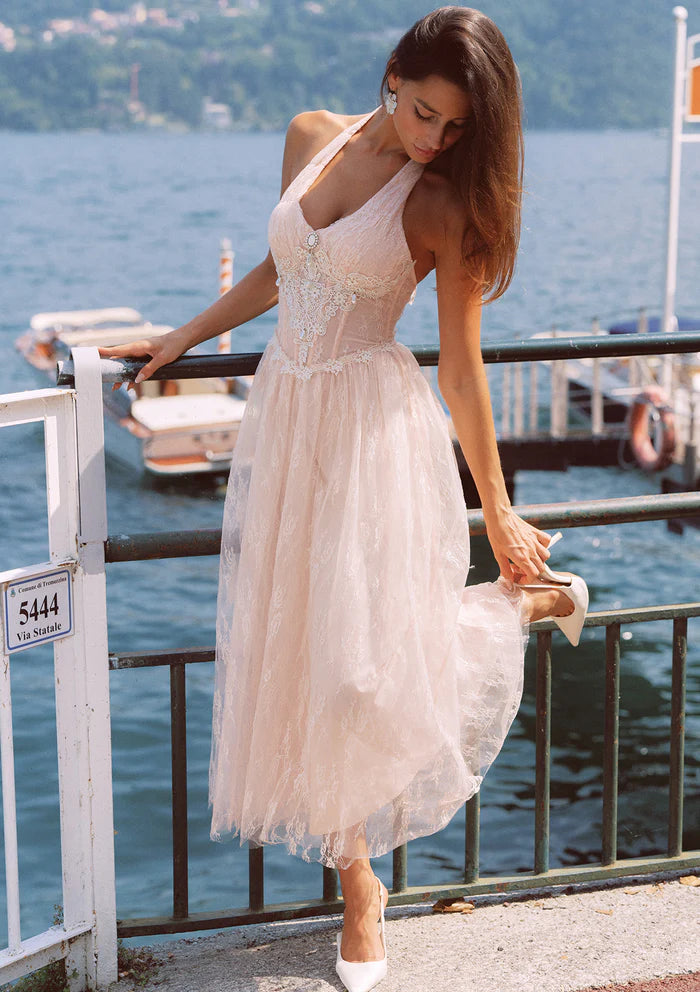 Blush Lace Halter Midi Dresses with Halter Neck Beaded Embroidery Bodice Back Tie Detail and Flowy Skirt