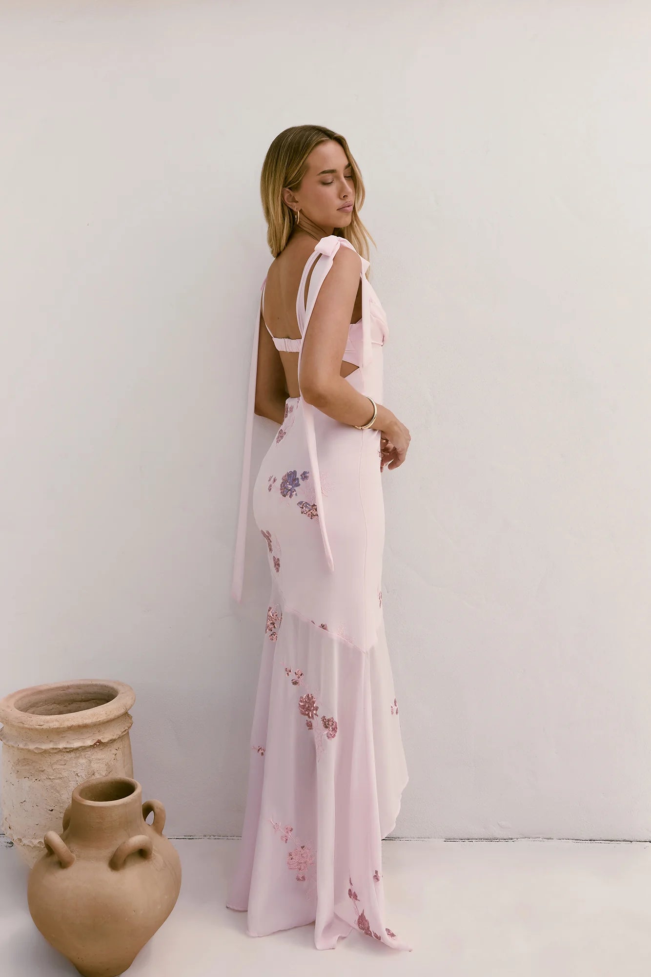 Blush Maxi Evening Dresses with Cowl Neck Tie Straps Sequin Floral Embroidery Open Back and Asymmetrical Mermaid Skirt
