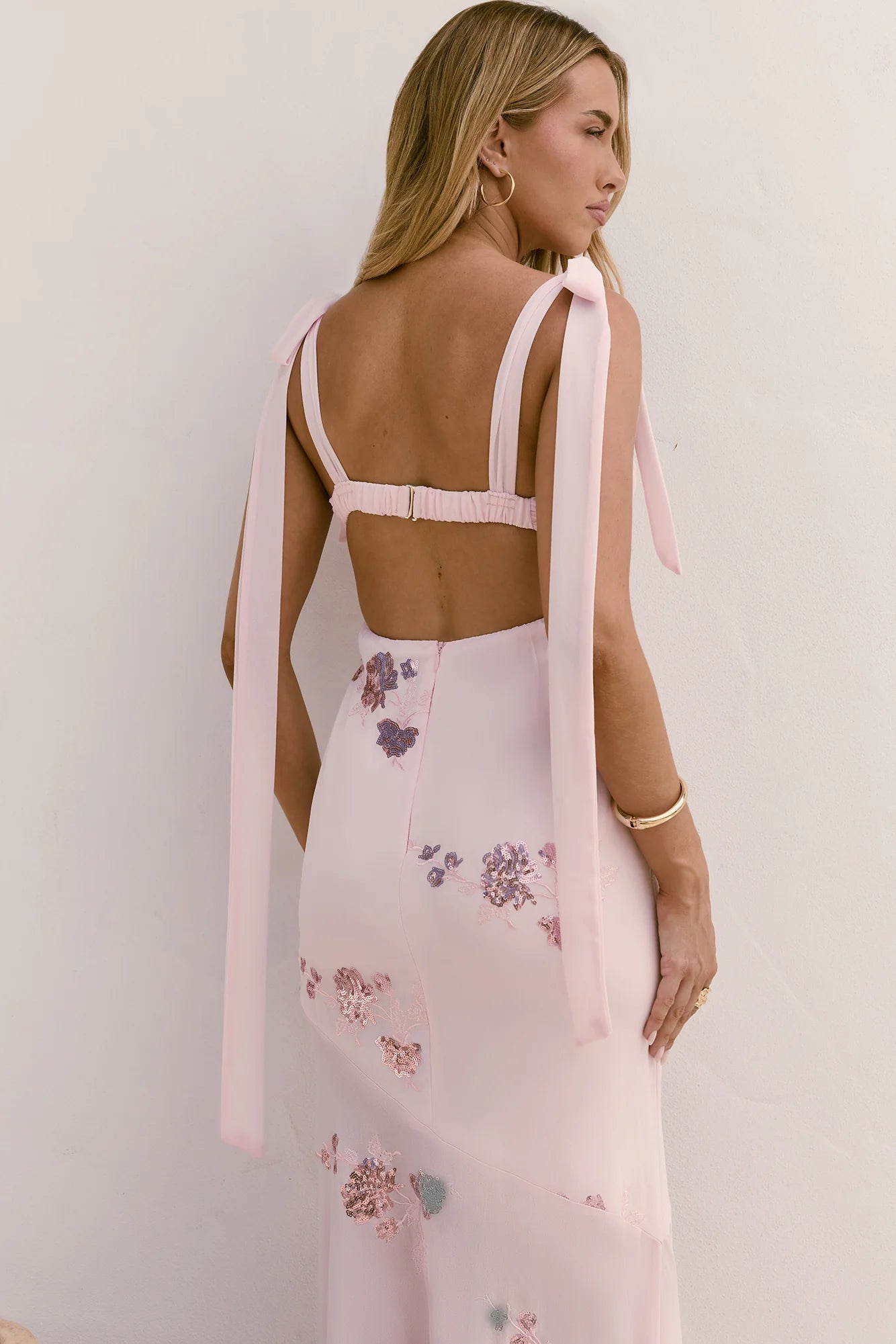 Blush Maxi Evening Dresses with Cowl Neck Tie Straps Sequin Floral Embroidery Open Back and Asymmetrical Mermaid Skirt