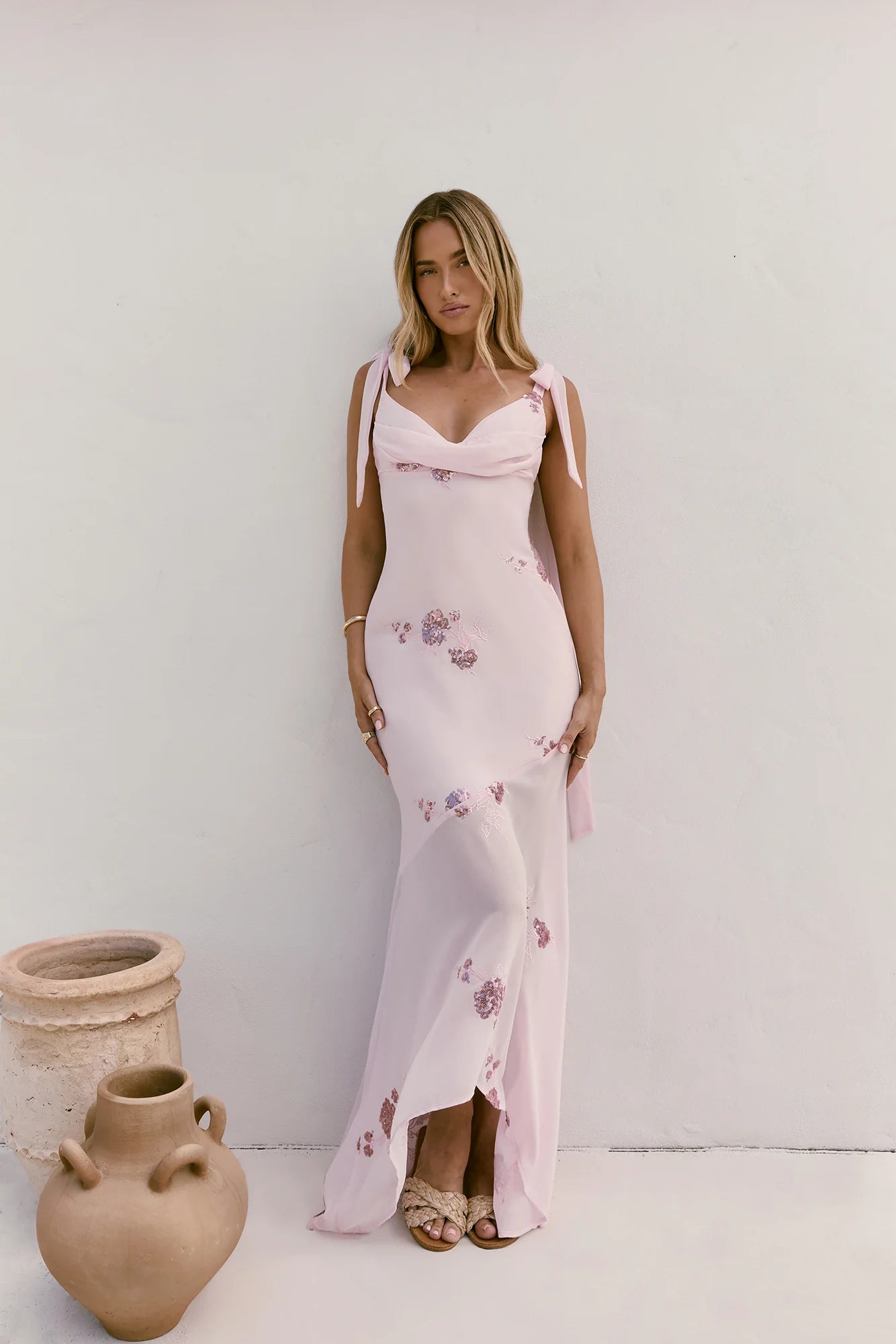 Blush Maxi Evening Dresses with Cowl Neck Tie Straps Sequin Floral Embroidery Open Back and Asymmetrical Mermaid Skirt