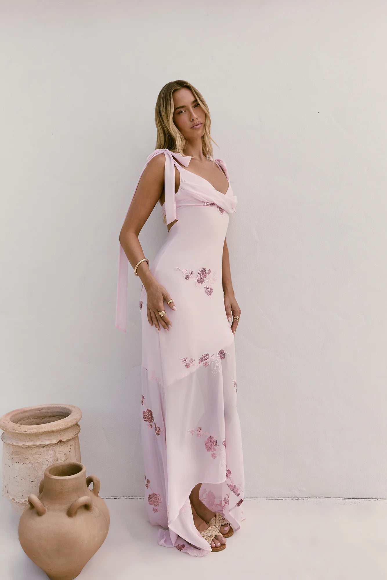 Blush Maxi Evening Dresses with Cowl Neck Tie Straps Sequin Floral Embroidery Open Back and Asymmetrical Mermaid Skirt