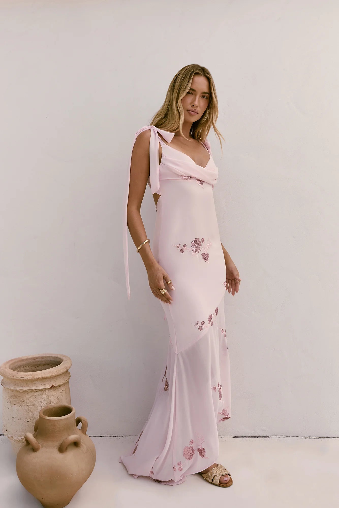 Blush Maxi Evening Dresses with Cowl Neck Tie Straps Sequin Floral Embroidery Open Back and Asymmetrical Mermaid Skirt