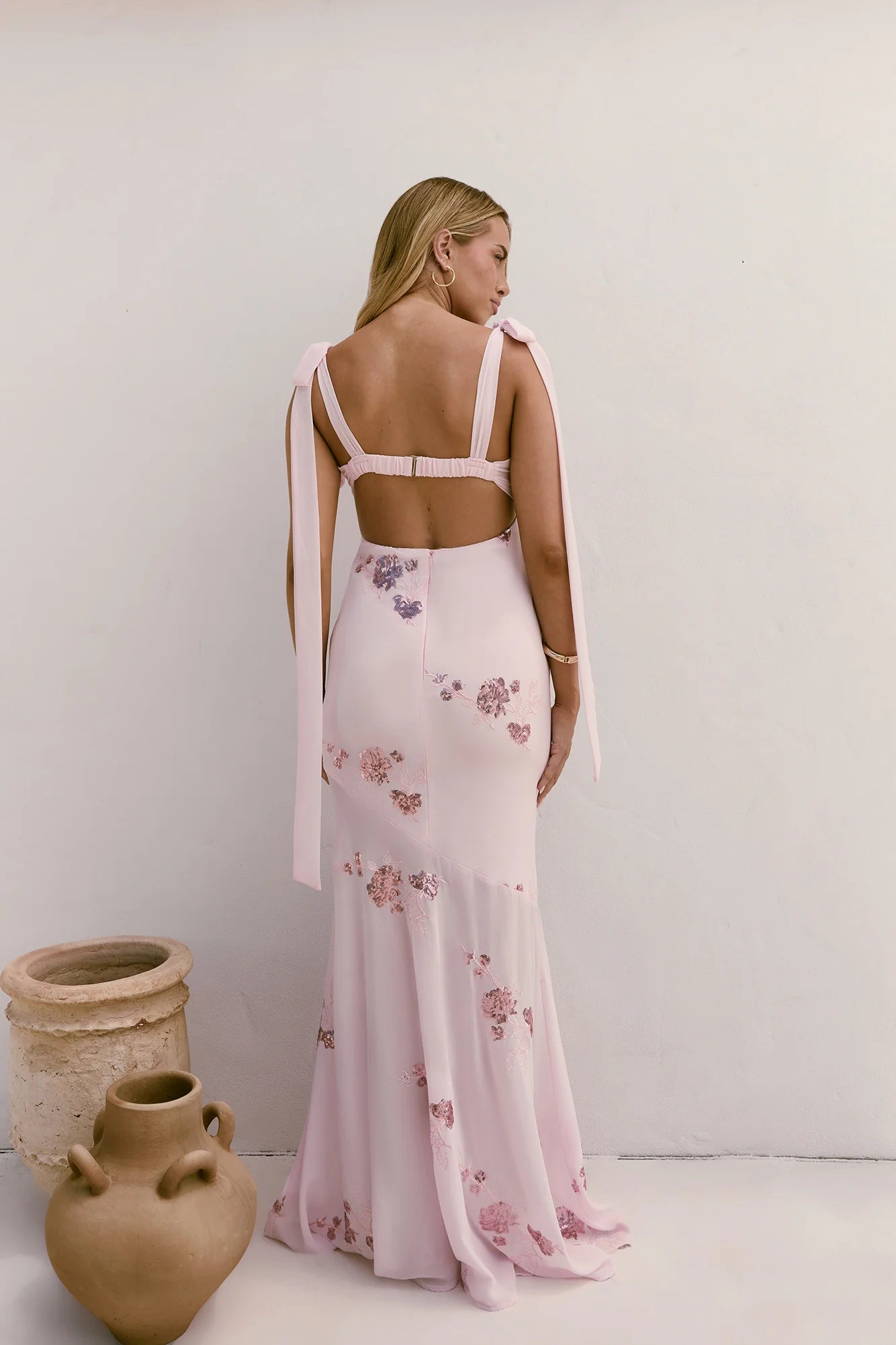 Blush Maxi Evening Dresses with Cowl Neck Tie Straps Sequin Floral Embroidery Open Back and Asymmetrical Mermaid Skirt