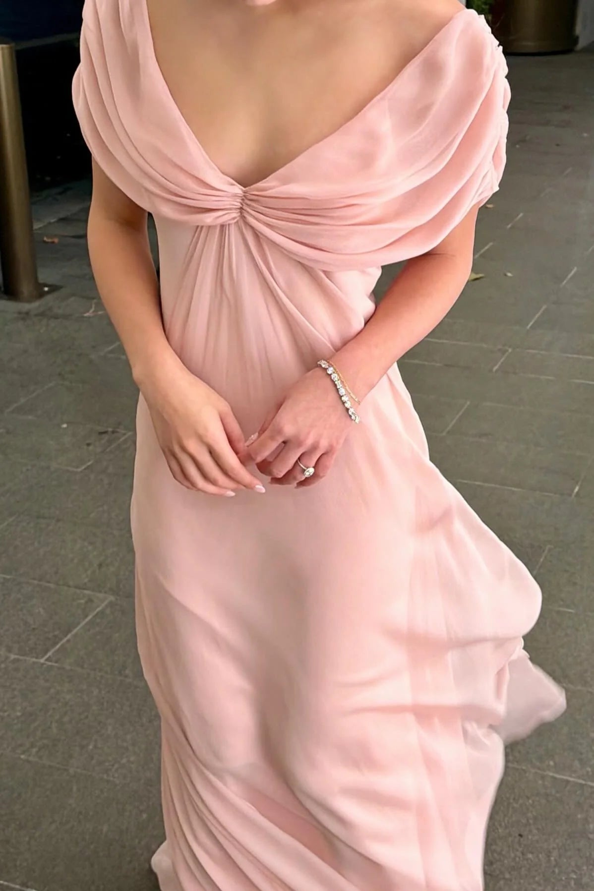 Blush Maxi Evening Dresses with Deep V Draped Neckline Cap Sleeves Flowy Chiffon Fabric and Back Tie Train