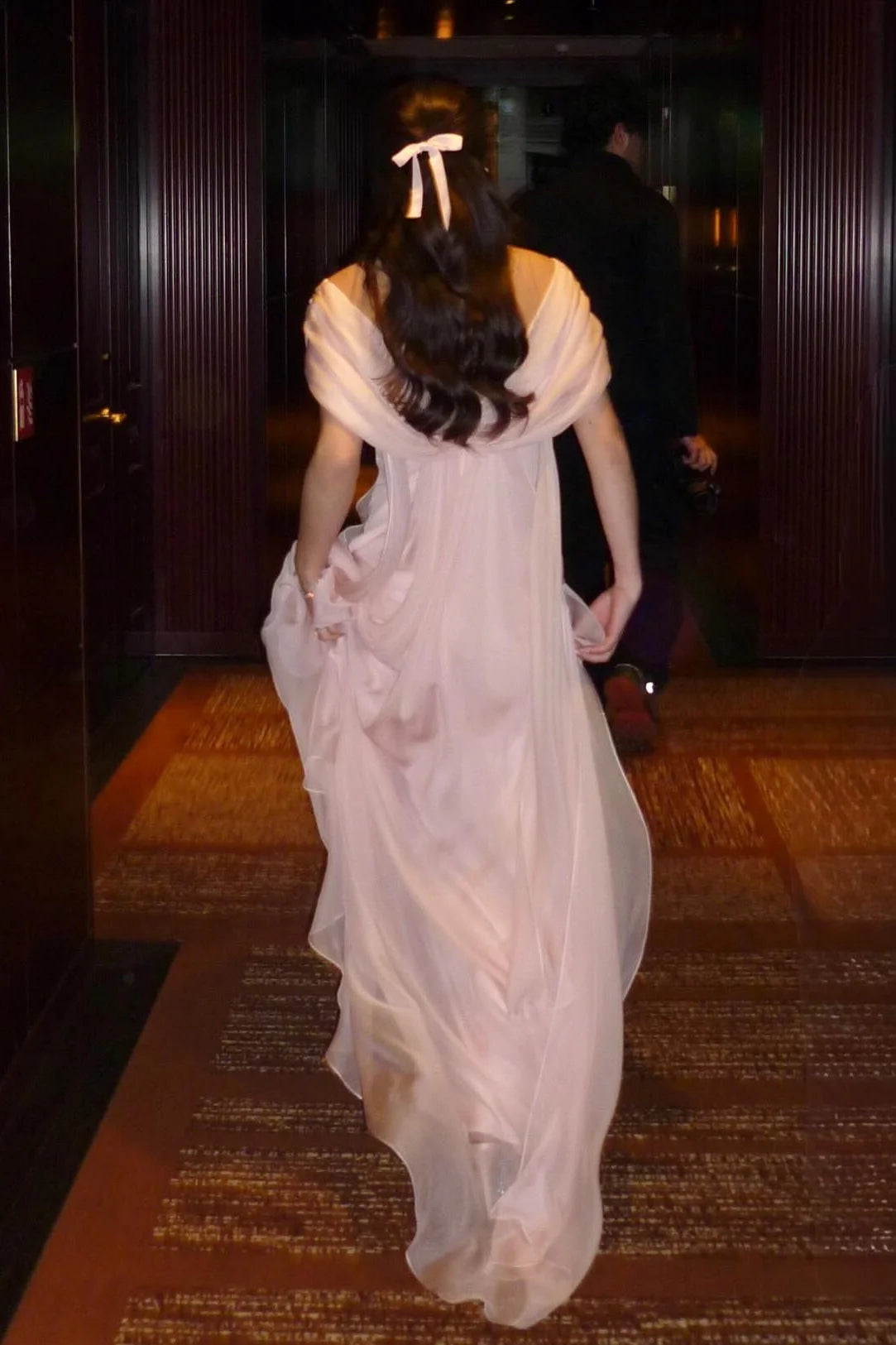 Blush Maxi Evening Dresses with Deep V Draped Neckline Cap Sleeves Flowy Chiffon Fabric and Back Tie Train