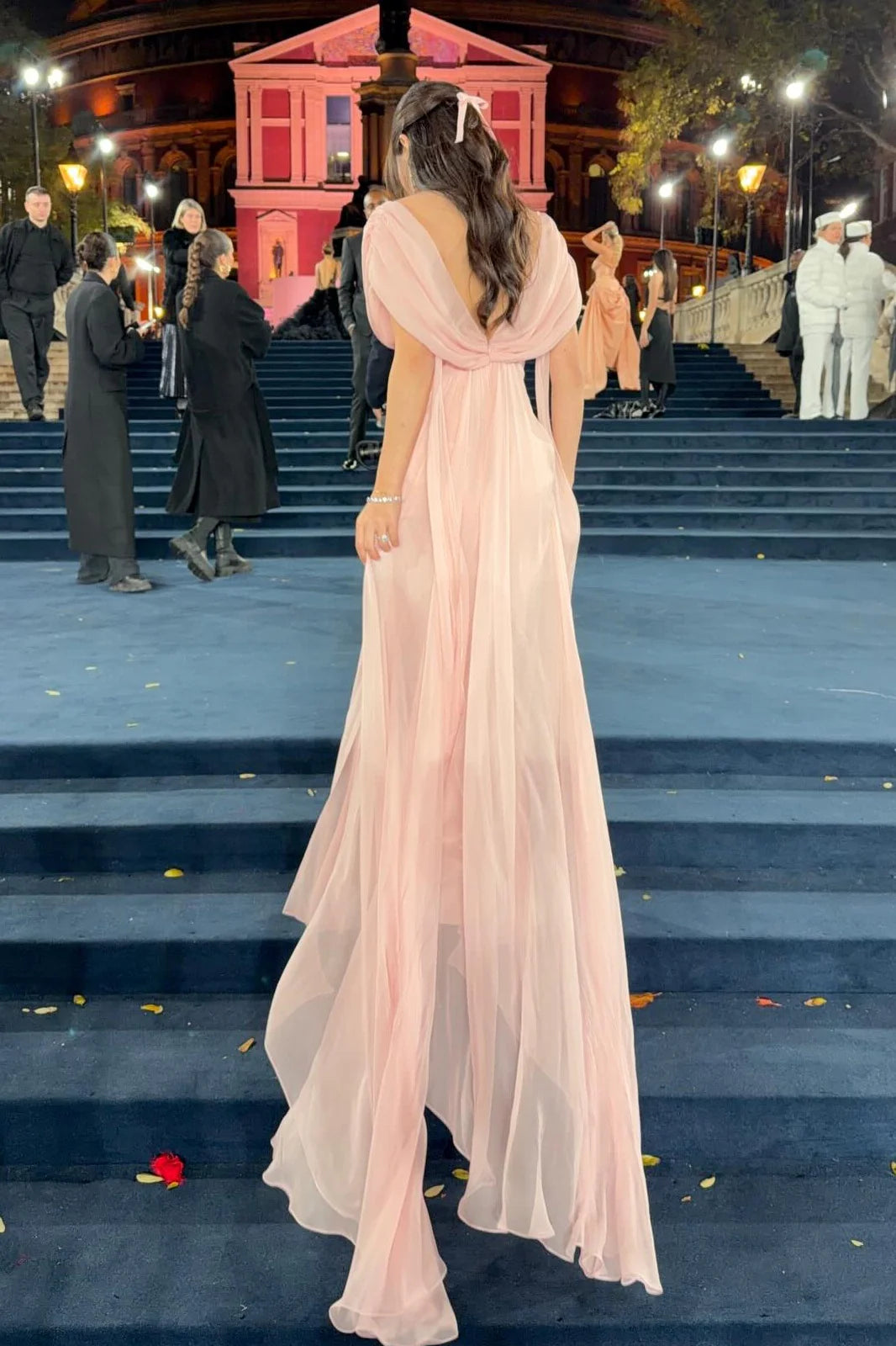 Blush Maxi Evening Dresses with Deep V Draped Neckline Cap Sleeves Flowy Chiffon Fabric and Back Tie Train