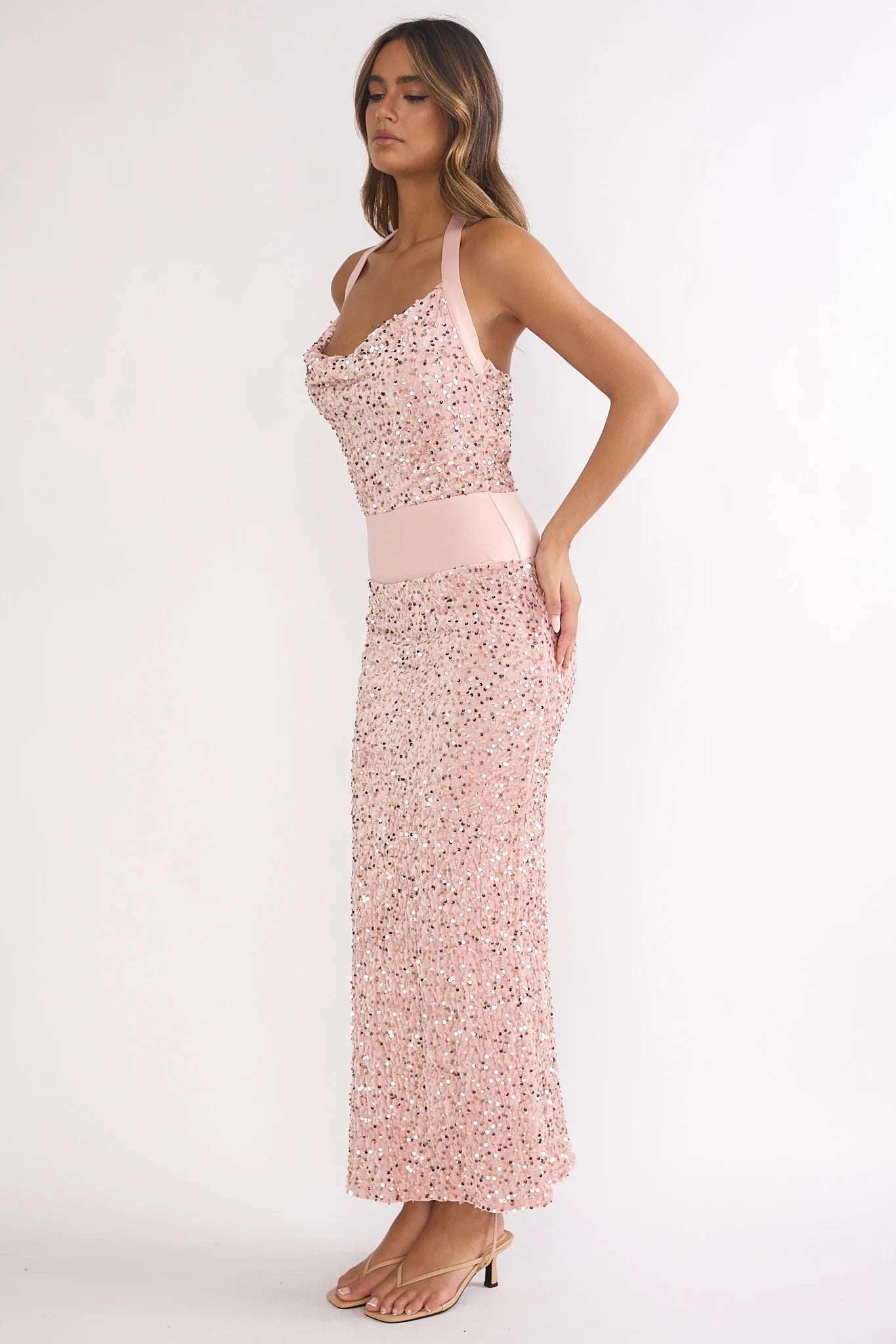 Blush Pink Sequin Halter Cowl Neck Midi Evening Dress