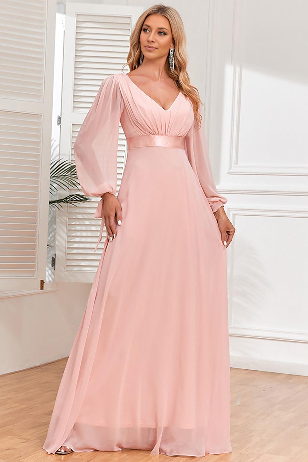 A-Line Chiffon V-Neck Mother of the Bride Dress with Long Sleeves