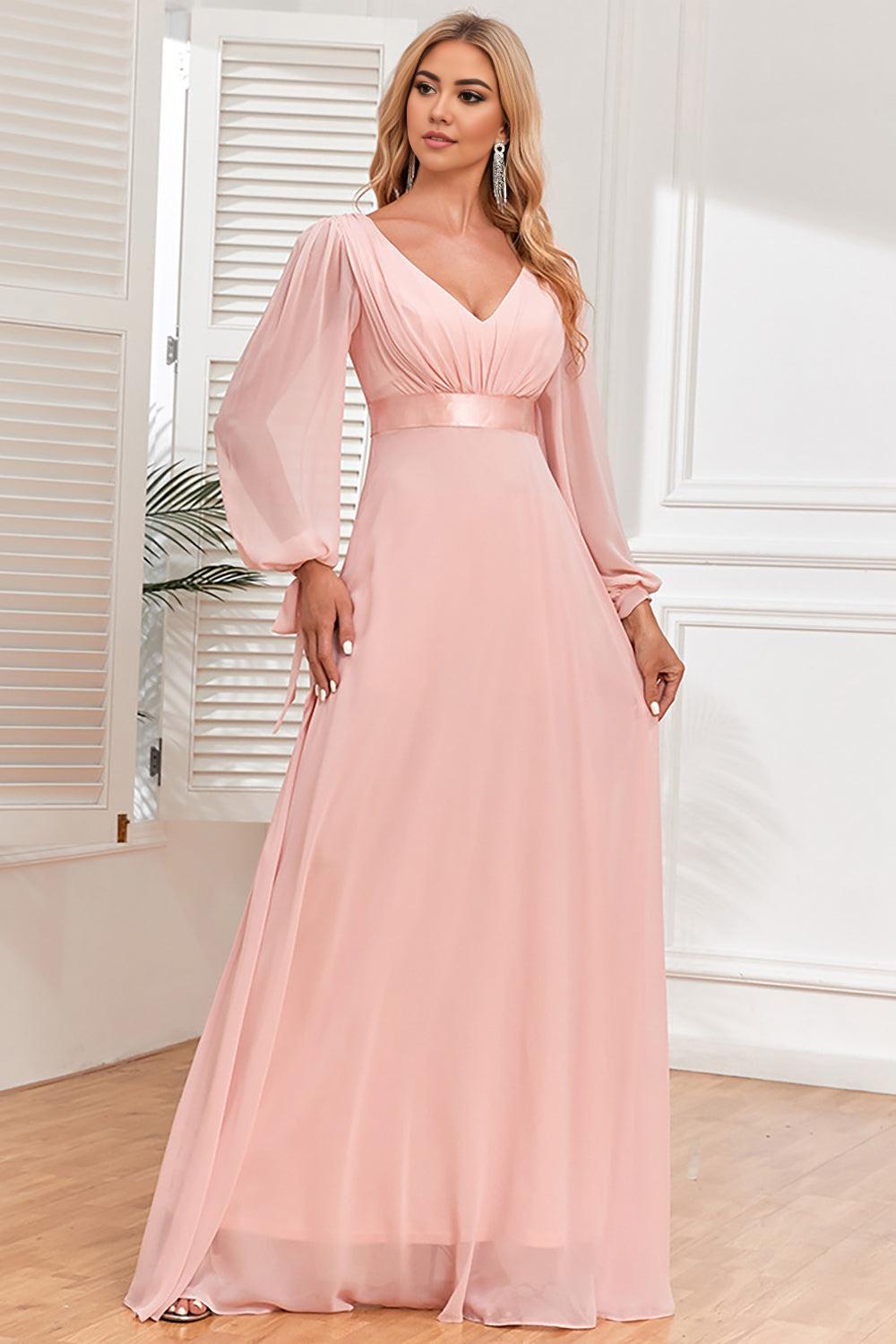 A-Line Chiffon V-Neck Mother of the Bride Dress with Long Sleeves