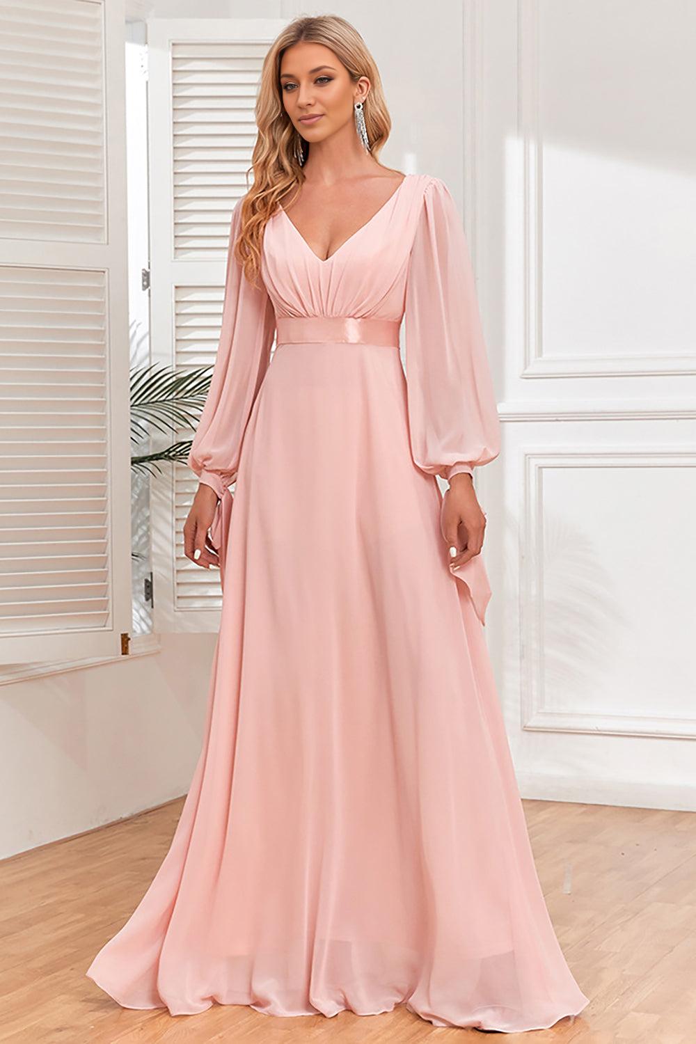 A-Line Chiffon V-Neck Mother of the Bride Dress with Long Sleeves