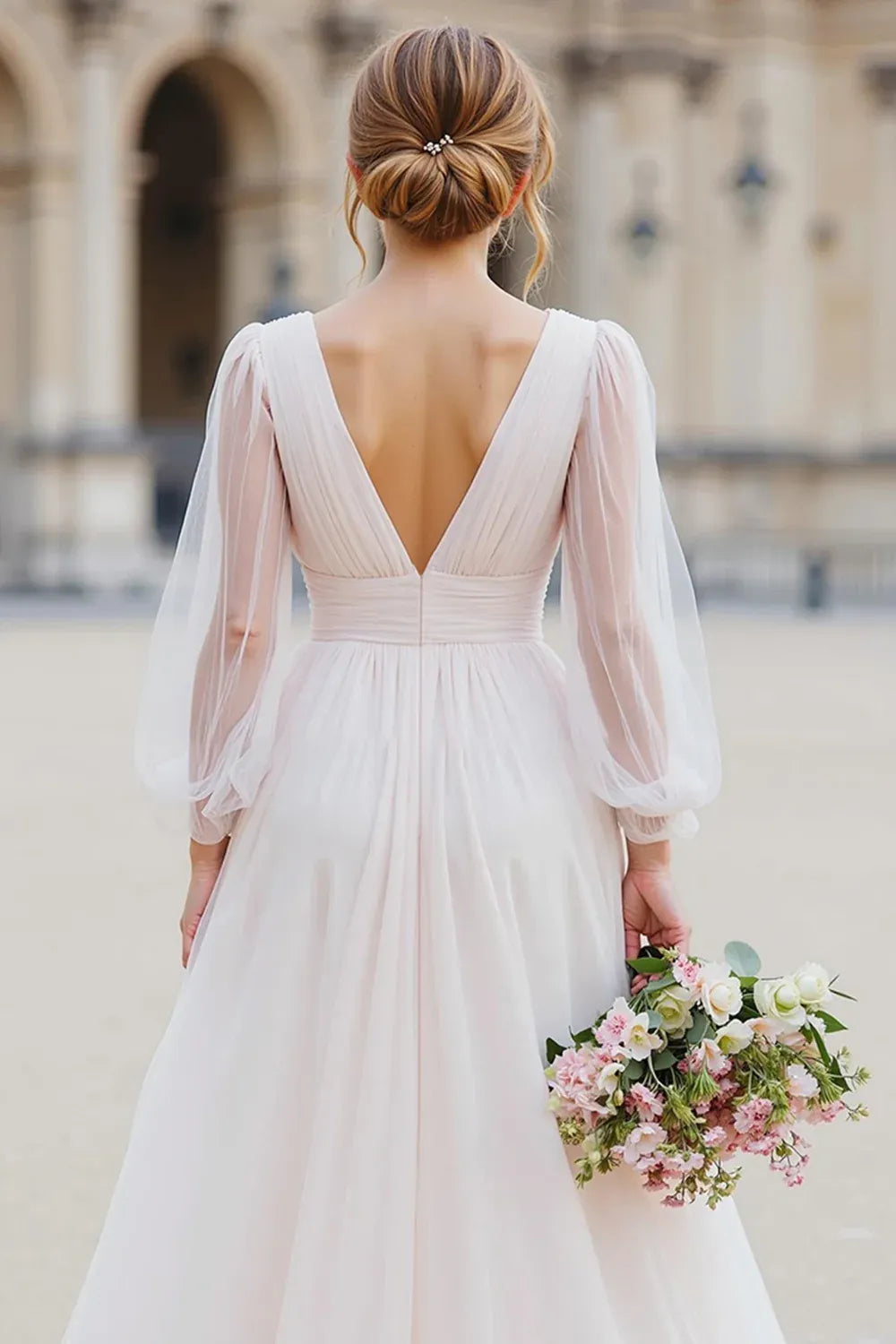 Blush Tulle A-Line Wedding Dress with Deep V-Neck and Sheer Puff Sleeves - Romantic Bridal Gown