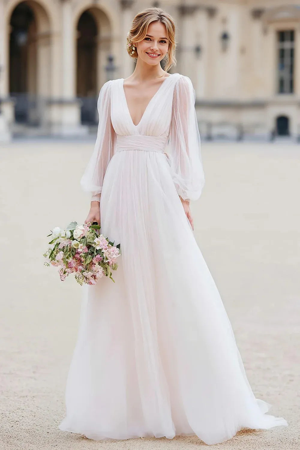 Blush Tulle A-Line Wedding Dress with Deep V-Neck and Sheer Puff Sleeves - Romantic Bridal Gown