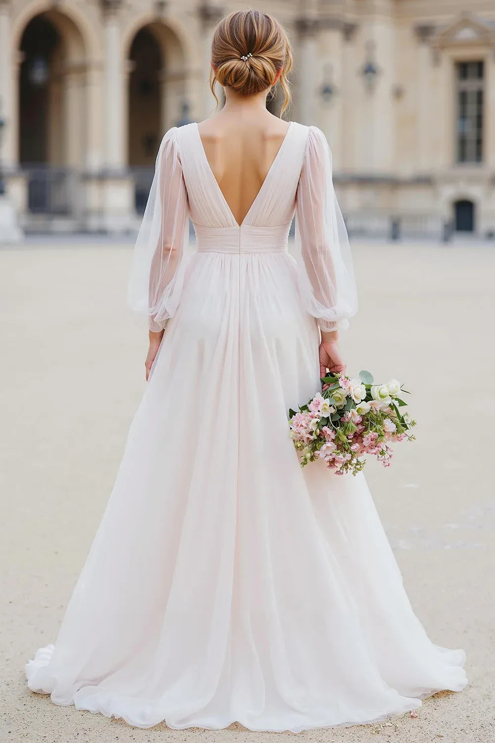 Blush Tulle A-Line Wedding Dress with Deep V-Neck and Sheer Puff Sleeves - Romantic Bridal Gown