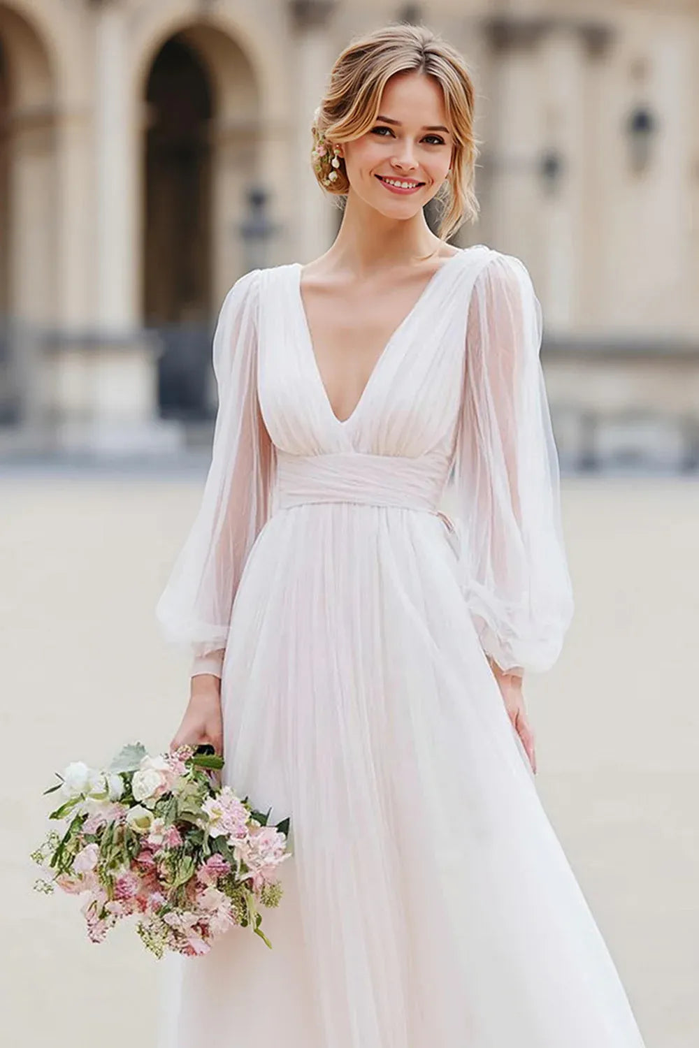 Blush Tulle A-Line Wedding Dress with Deep V-Neck and Sheer Puff Sleeves - Romantic Bridal Gown