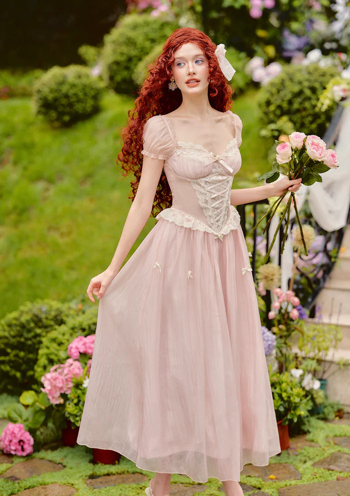 Blush Tulle Midi Dresses with Square Neck Puff Sleeves White Lace Corset Bodice Smocked Back and Flowy Skirt