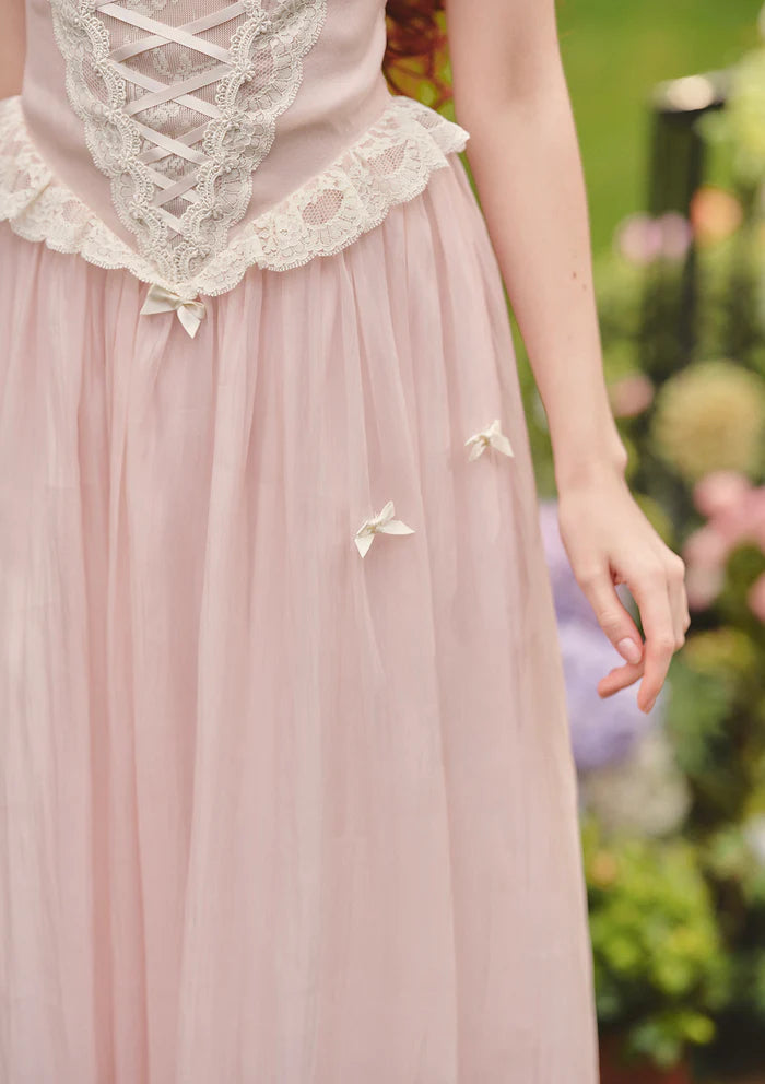 Blush Tulle Midi Dresses with Square Neck Puff Sleeves White Lace Corset Bodice Smocked Back and Flowy Skirt