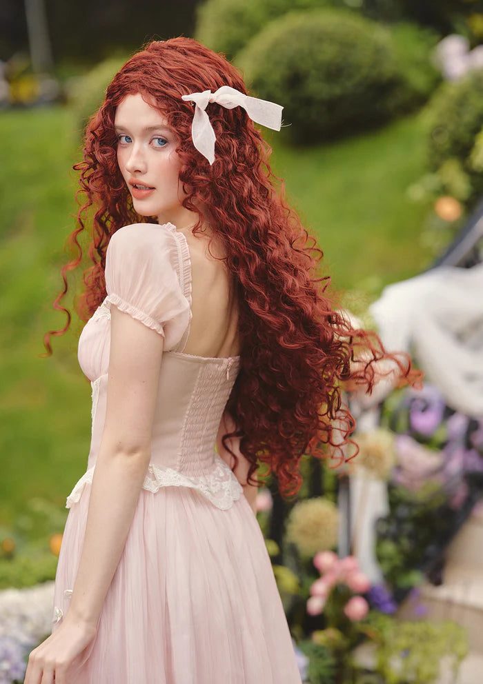 Blush Tulle Midi Dresses with Square Neck Puff Sleeves White Lace Corset Bodice Smocked Back and Flowy Skirt
