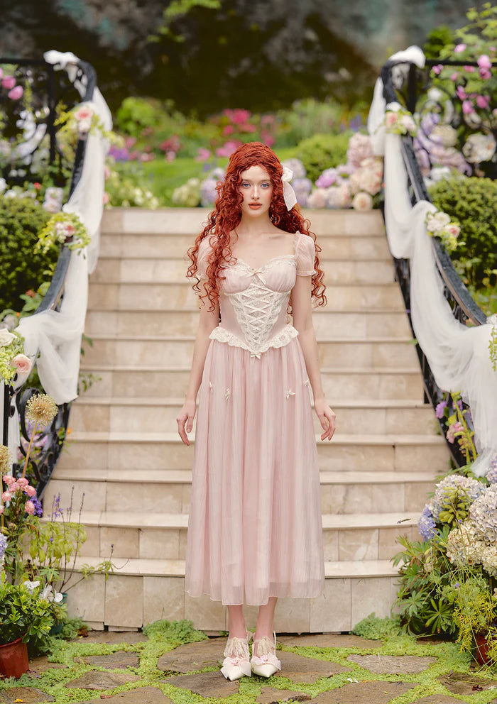 Blush Tulle Midi Dresses with Square Neck Puff Sleeves White Lace Corset Bodice Smocked Back and Flowy Skirt