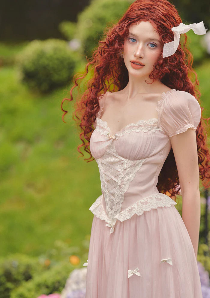 Blush Tulle Midi Dresses with Square Neck Puff Sleeves White Lace Corset Bodice Smocked Back and Flowy Skirt