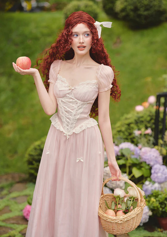 Blush Tulle Midi Dresses with Square Neck Puff Sleeves White Lace Corset Bodice Smocked Back and Flowy Skirt