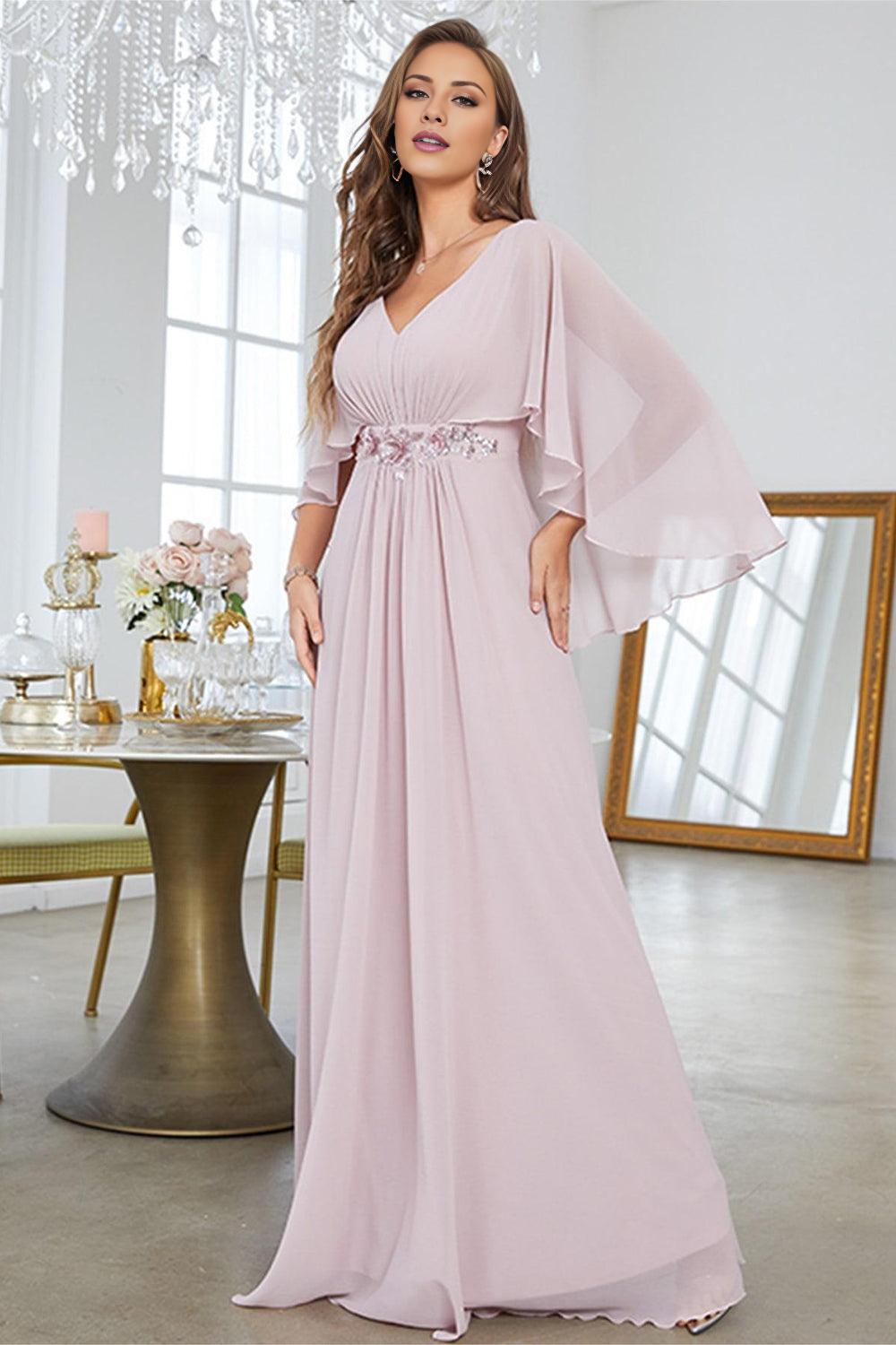 A Line Chiffon Long Wedding Mother of the Bride Dresses With Short Sleeves