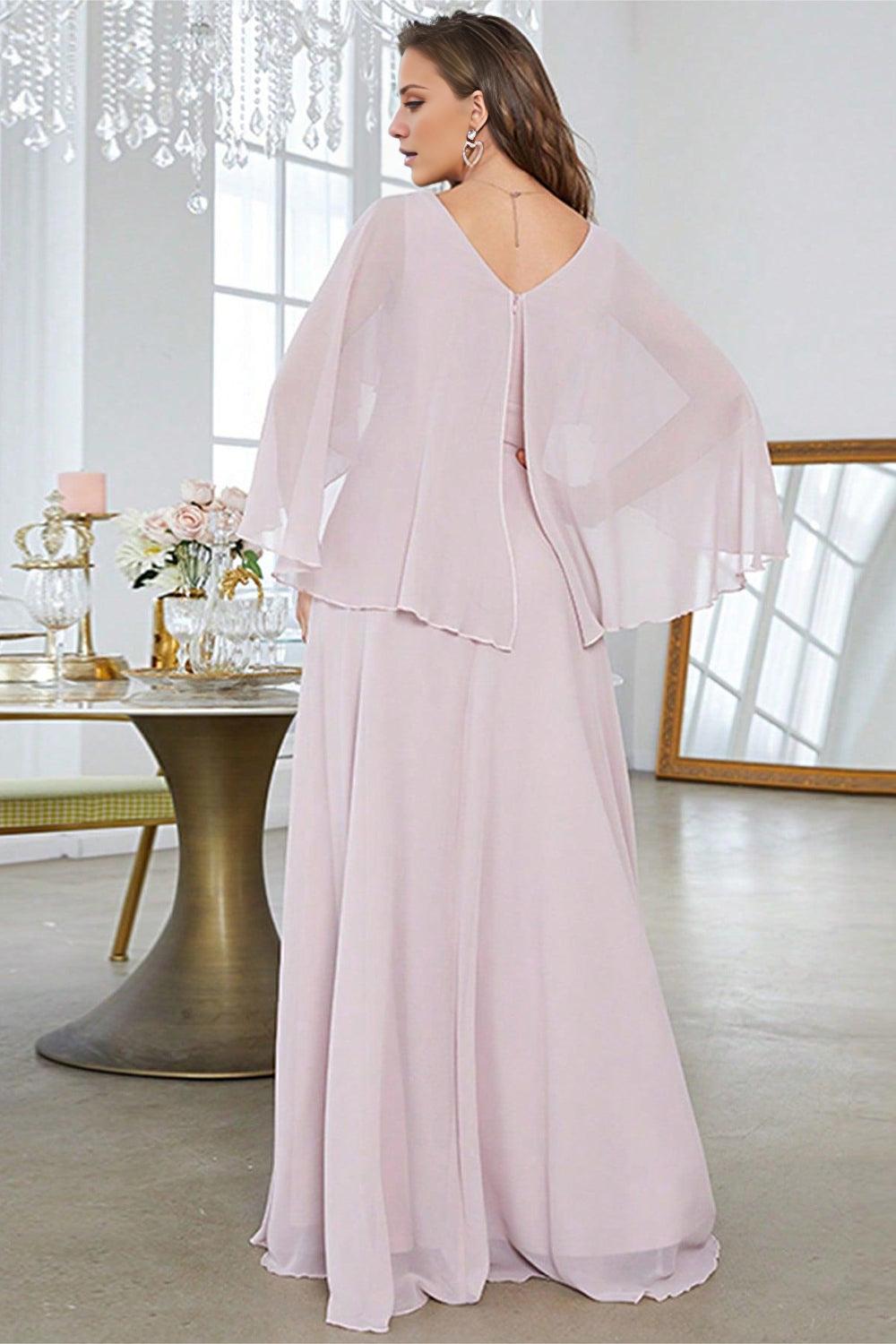 A Line Chiffon Long Wedding Mother of the Bride Dresses With Short Sleeves