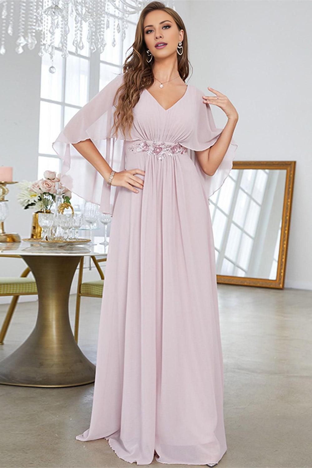A Line Chiffon Long Wedding Mother of the Bride Dresses With Short Sleeves