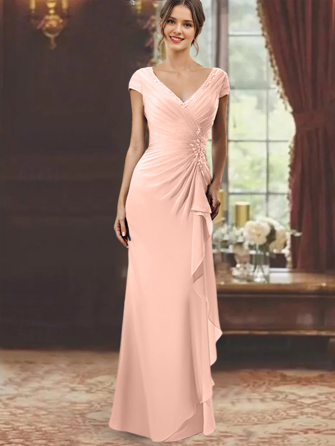 Sheath/Column V-Neck Floor-Length Mother Of The Bride Dresses With Short Sleeves