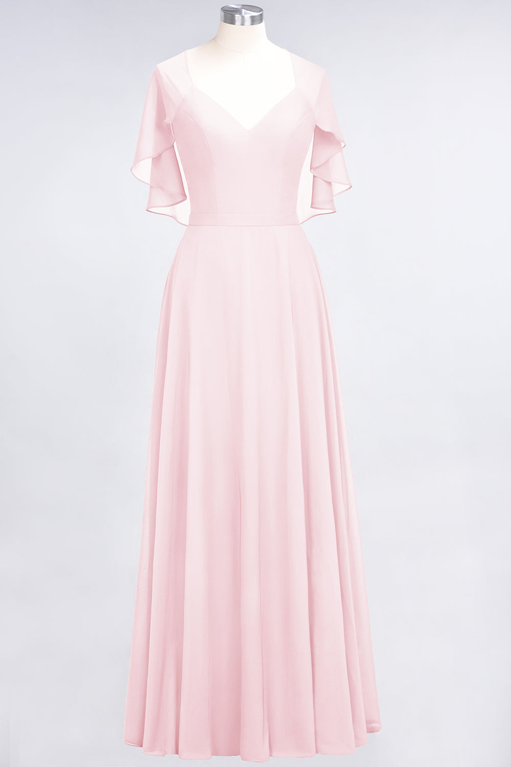 Long A Line V Neck Chiffon Floor-Length Bridesmaid Dress with Sleeves